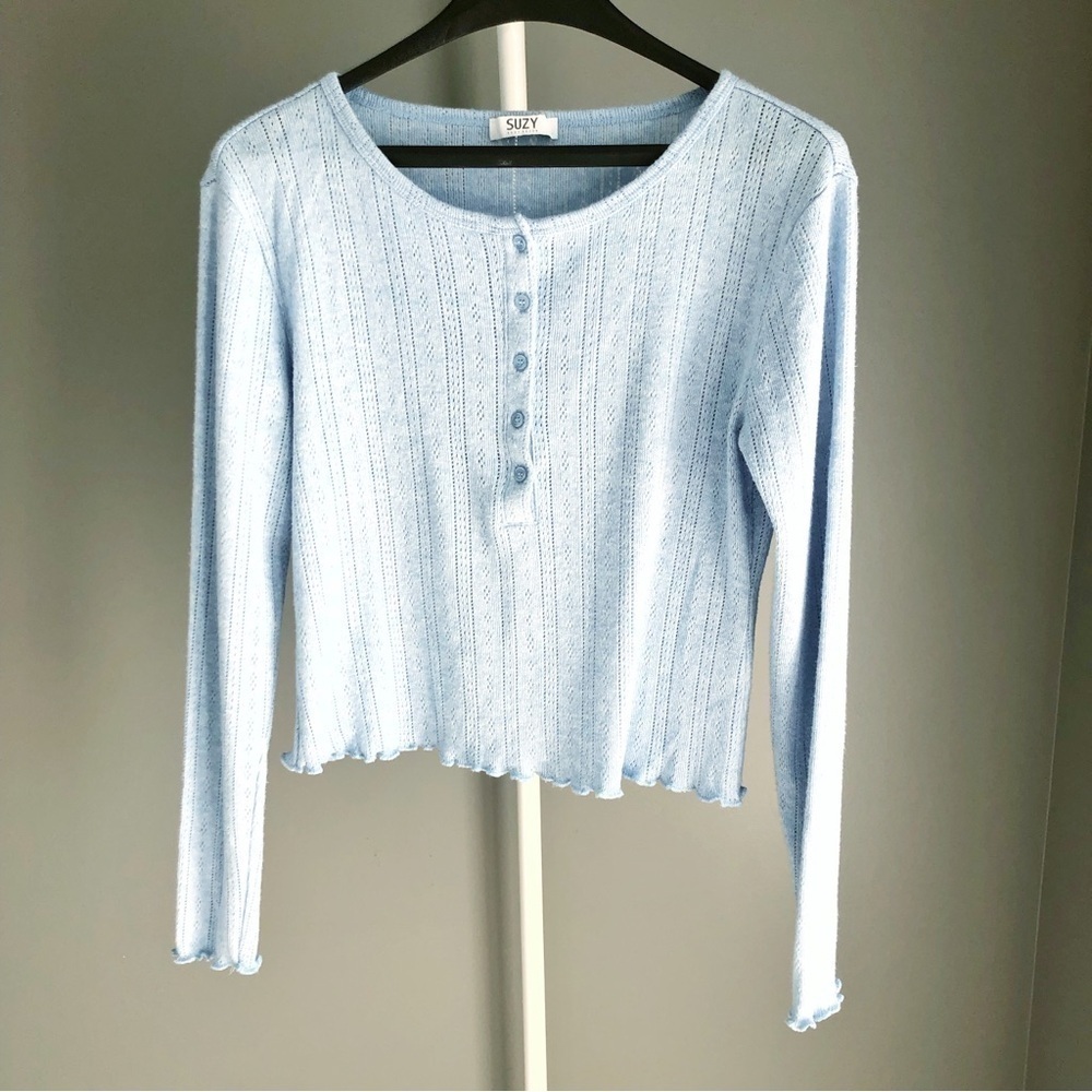 SUZY Pastel Blue Casual Relaxed Fit Button Down Long Sleeves Knits T Shirt Tee - Picture 3 of 15